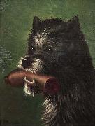 Carl Friedrich Deiker Hundeportrat mit Wurst im Maul oil on canvas